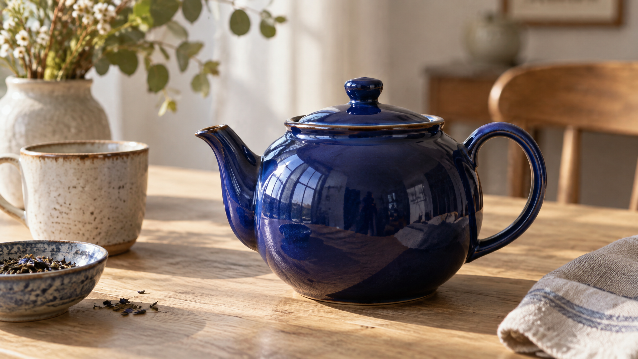 Glossy cobalt blue teapot on an oak table generated with GPT Image 2.5