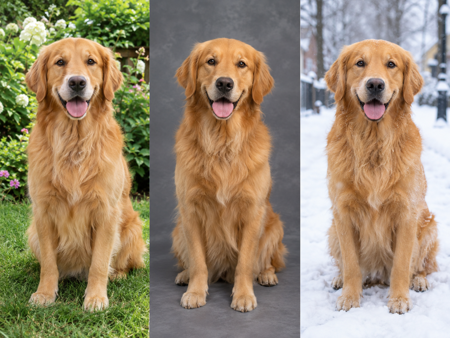 The same golden retriever placed in three different environments by GPT Image 2.5