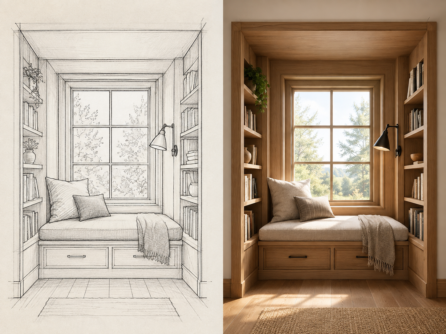 Architectural reading nook rendered from a matching hand sketch by GPT Image 2.5