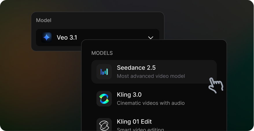 Model menu showing Kling and other AI video models in Spira