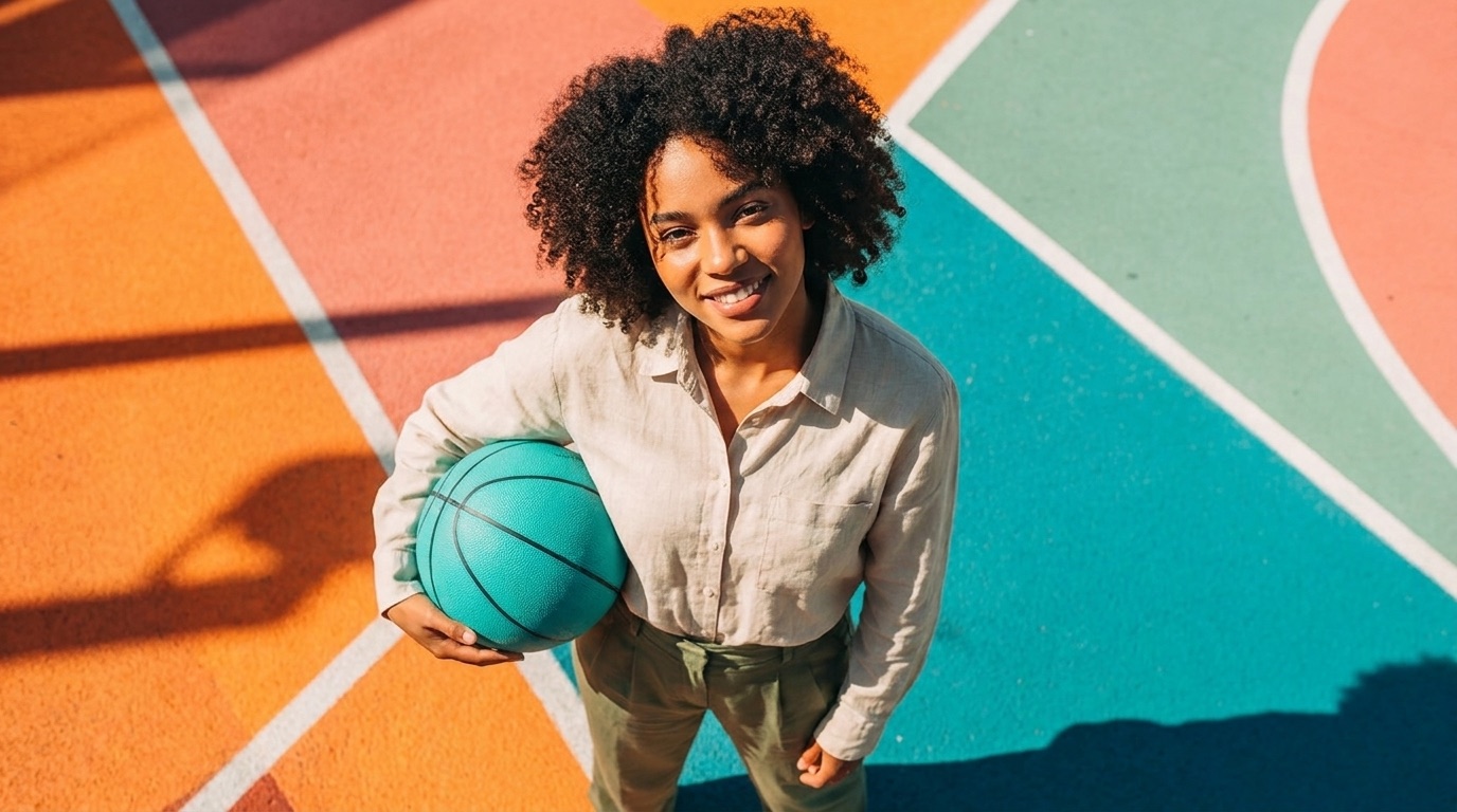 Campaign-ready AI image of a woman holding a blue basketball generated in Spira