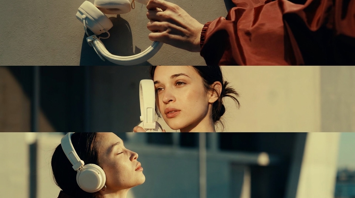 Consistent white headphone product shown across three campaign images