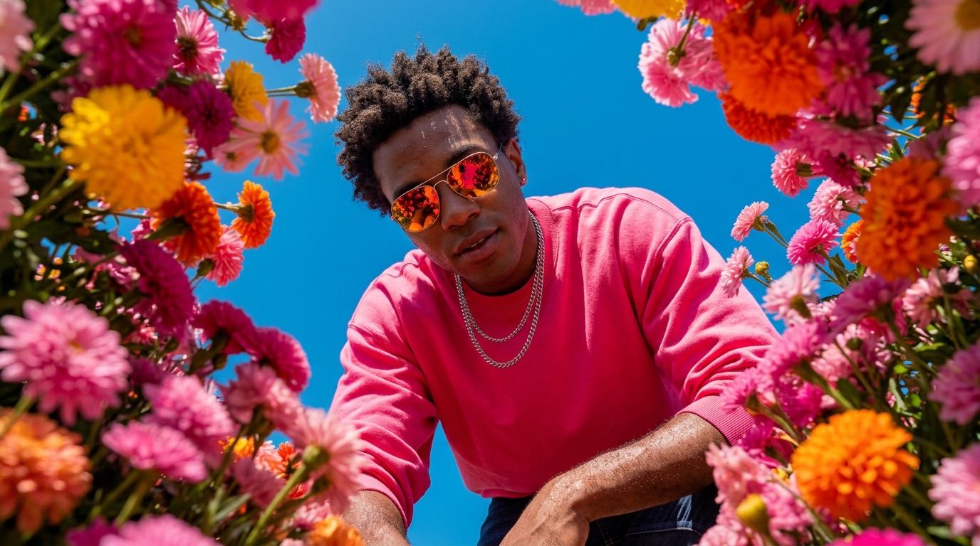 Colorful creative variation featuring a man framed by flowers