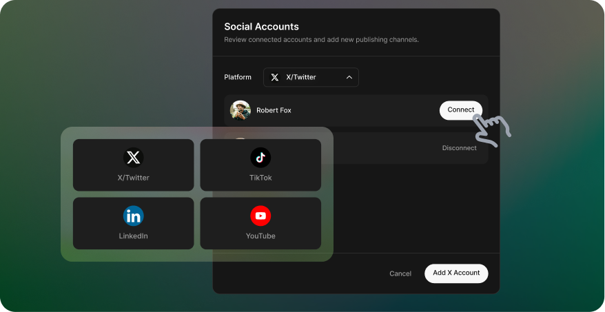 Spira social account settings for connecting X, TikTok, LinkedIn, and YouTube