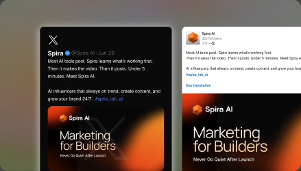 Social post previews adapted for X and LinkedIn in Spira