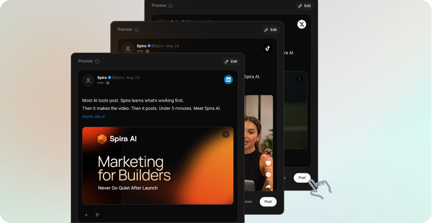 LinkedIn, TikTok, and X post previews ready for review in Spira