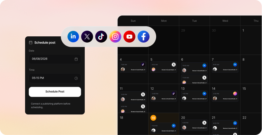 Multi-account publishing calendar with scheduled social posts across connected channels