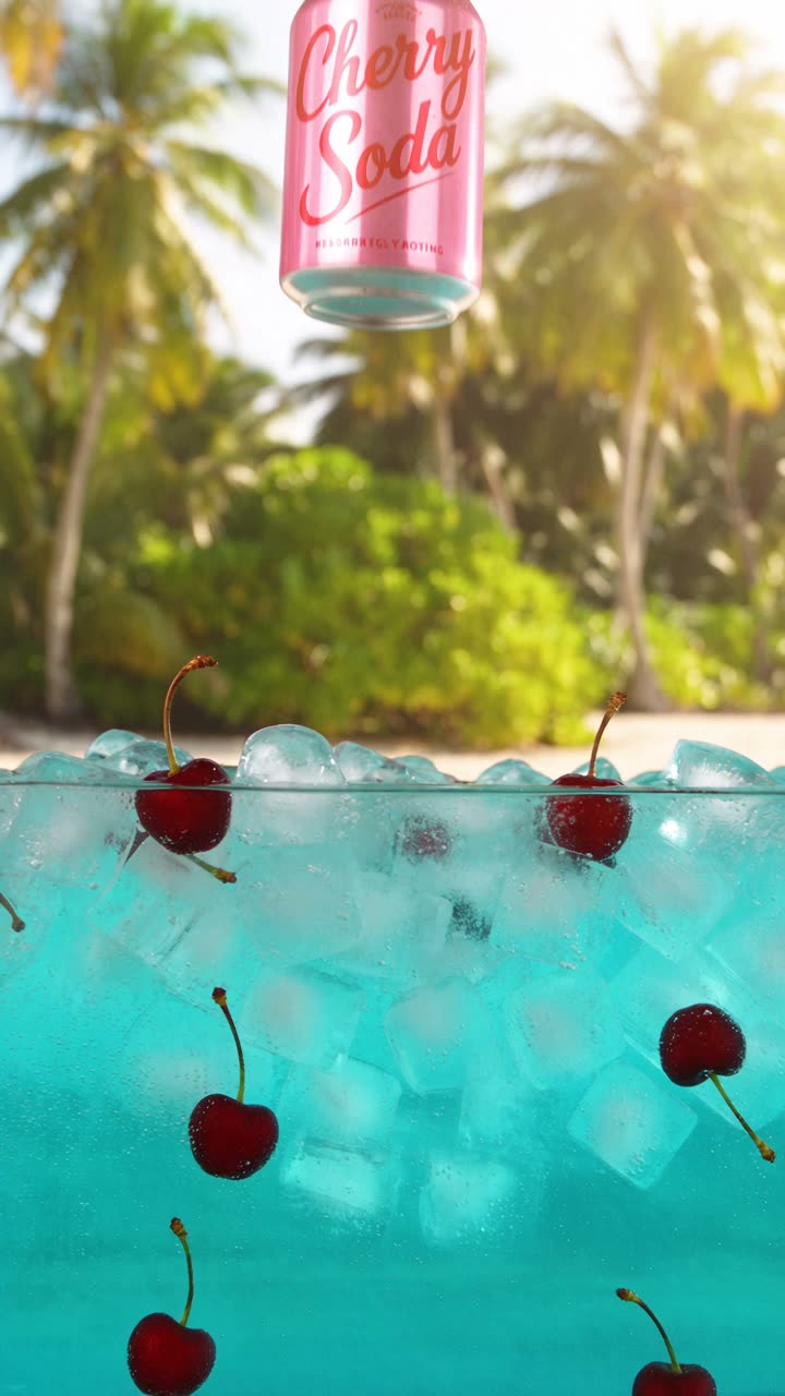 AI-generated cherry soda ad — can splashing into iced water, made with Spira