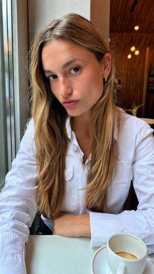 AI influencer avatar — blonde creator in white top