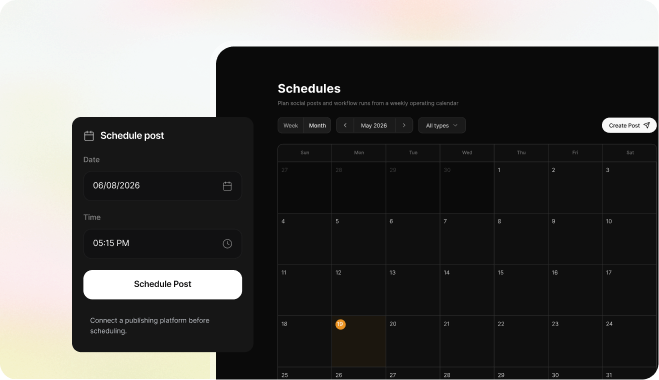 Spira content calendar with date and time controls for scheduling a post
